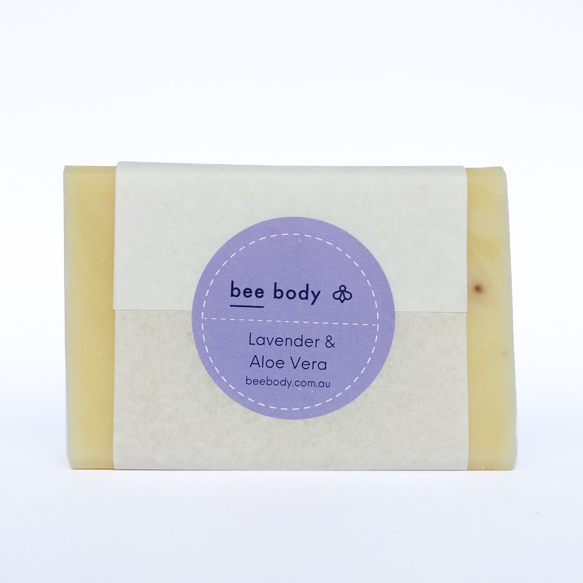 Packaged Lavender and Aloe Vera Soap - Wrapped in white tissue paper with a light purple sticker.
